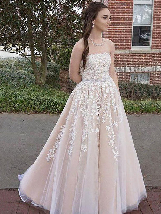 Sweetheart A-Line Champagne Prom Dress with Rhinestone Appliques Flowers, Strapless Style, and Long Length, PD2306138