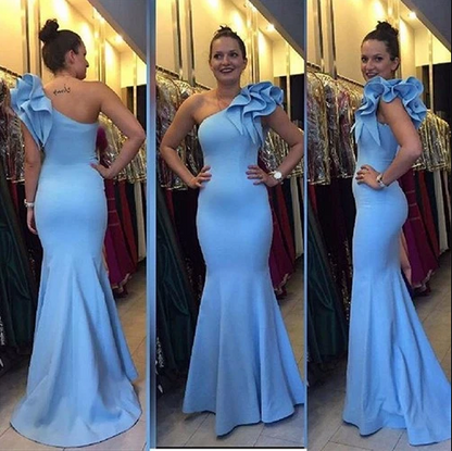 Light Blue One-Shoulder Mermaid Formal Evening Party Dress, PD2305318