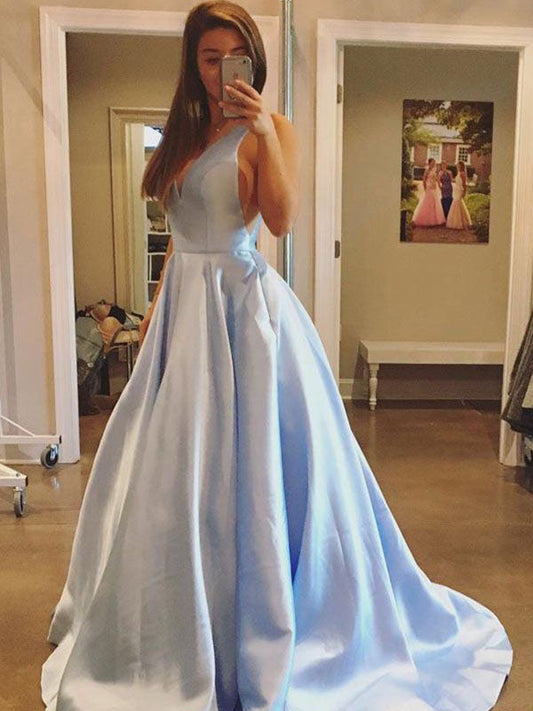 Deep V-Neck Blue A-Line Pleated Sleeveless Prom Dress, PD2308111