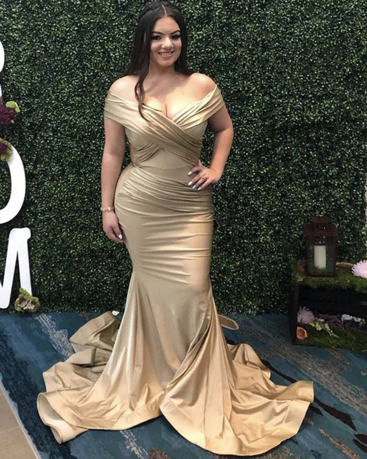 Plus-Size Champagne Satin Off-the-Shoulder Mermaid Prom Dress, PD2305058