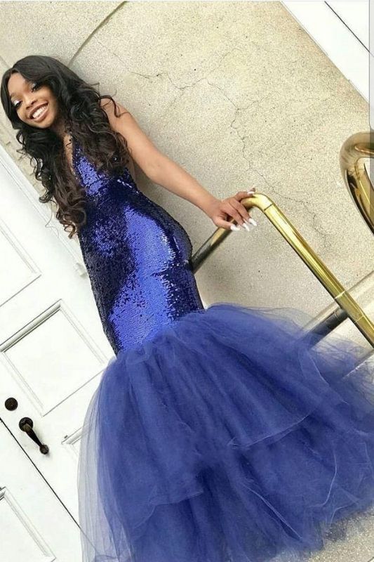 Royal Blue V-Neck Sequin Tulle Mermaid Prom Dress, PD23050818