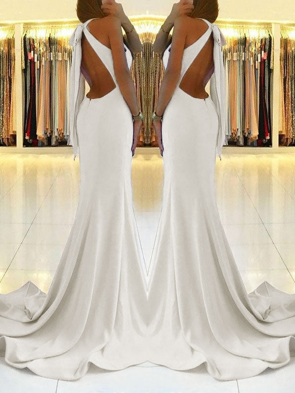 Backless White Sheath Prom Dress with Side Slit and Lace-Up Back, PD2305201