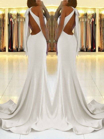 Backless White Sheath Prom Dress with Side Slit and Lace-Up Back, PD2305201