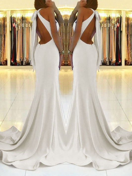 Backless White Sheath Prom Dress with Side Slit and Lace-Up Back, PD2305201