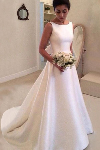 Sleeveless Deep V-Back Wedding Dress with Boat Neck and Sweep Train, WD2306124