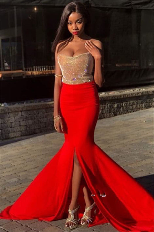 Gold Red Color Blocking Sweetheart Split-Front Sequins Mermaid Prom Dresses, PD2310113