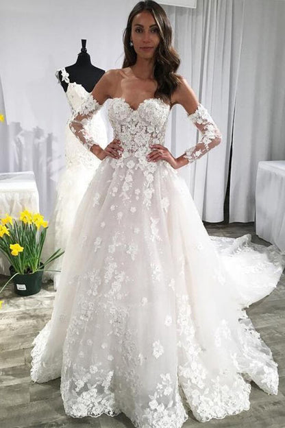 Ivory Lace Long Sleeves A-line Backless Wedding Dress with Train, WD2308238