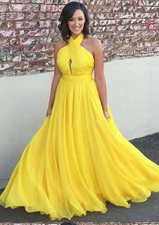 Daffodil Backless Halter Chiffon Princess A-Line Prom, PD2305254