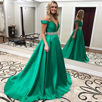 Emerald Off Shoulder A-Line Satin Beaded Sweetheart Prom Dress, PD2308251