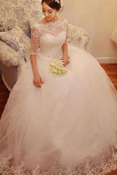 Half-Sleeve Tulle Wedding Dress with Beading, WD2305091