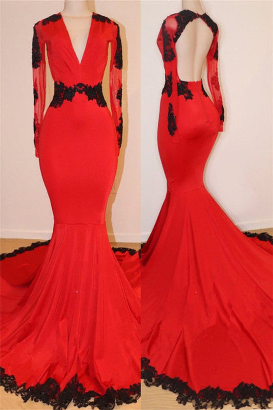 Red A-Line V Neck Long Sleeves Prom Dress Black Appliques, PD2308036