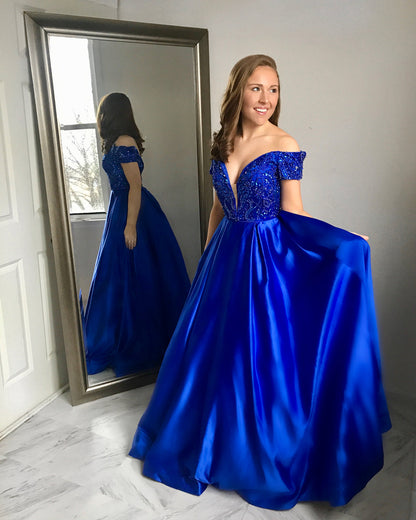 Royal Blue Sweetheart Off Shoulder A-Line Satin Beaded Prom Dress, PD2308256
