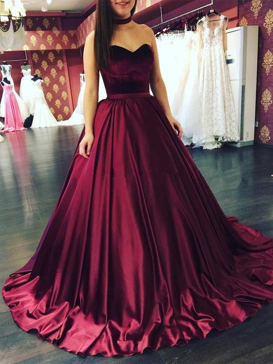 Burgundy Satin Sweetheart Ball Gown Prom Dresses, PD2310034