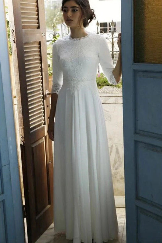 Modest Wedding Dress with 3-4 Sleeves, Floor Length Chiffon, and Lace Top, WD2404124