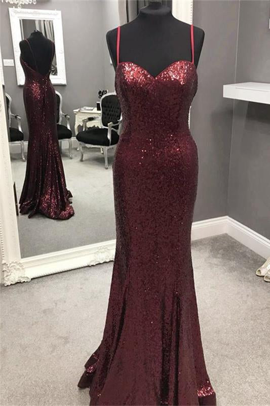 Burgundy Sequin Sizzle Sheath Prom Dress with Sweetheart Neckline and Spaghetti Straps, PD2305114