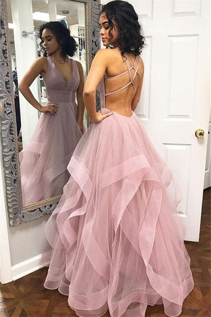 Dusty Rose V-Neck Backless A-Line Tulle Prom Dress, PD2306224