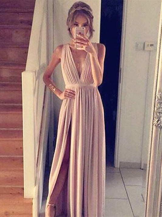 Simple Off-the-Shoulder A-Line V Neck Champagne Prom Dress with Slit, Champagne Formal Dress, Bridesmaid Dress, BD2306223