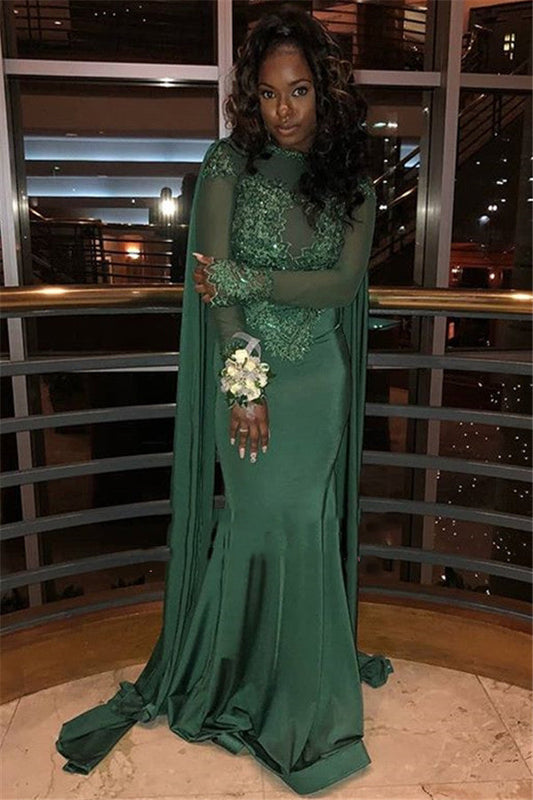 Hunter Green A-Line Lace Sheath Prom Dress Long Sleeves, PD2308033