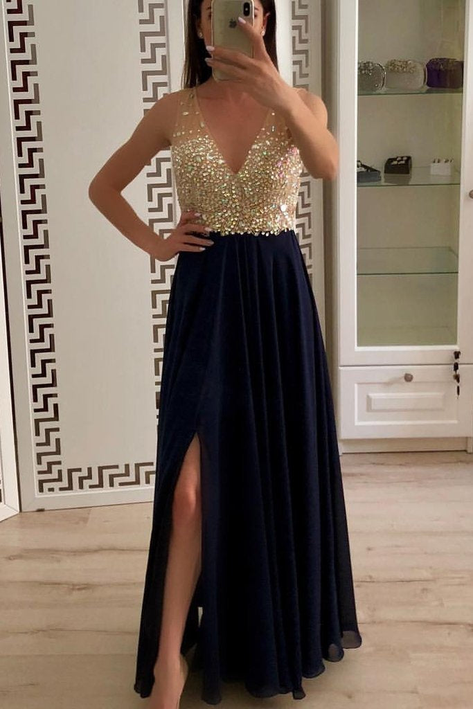 Chiffon V-Neck Beaded Side Slit A-Line Prom Dress, PD2306017