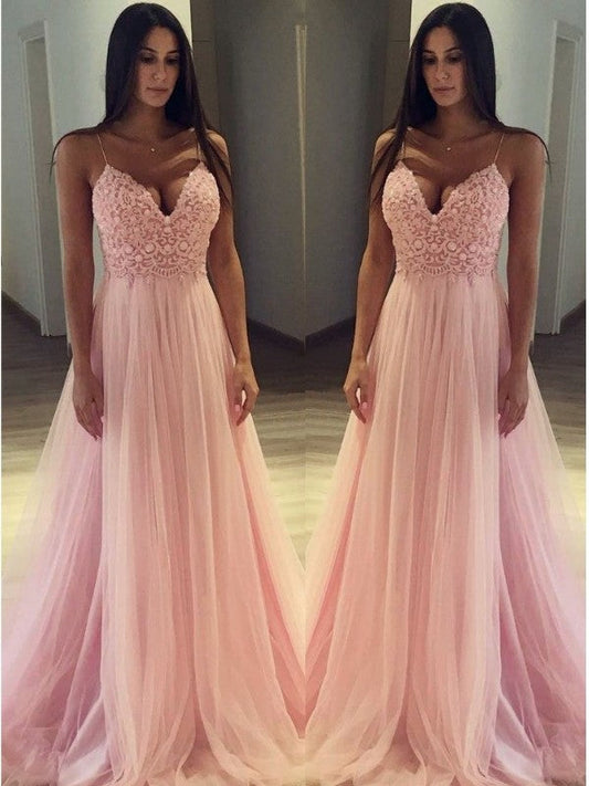 Elegant A-Line Sweetheart Pink Tulle Sweetheart Spaghetti Straps Prom Dress, PD2308300