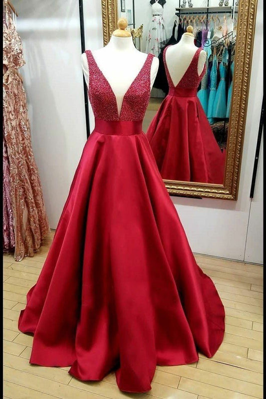 Red V-Neck Backless A-Line Satin Beaded Prom Dress, PD2308255