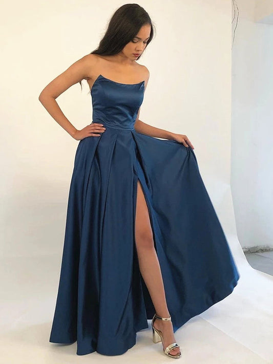 Strapless Navy Blue Burgundy Prom Dress with Leg Slit, Navy Blue Wine Red Formal Evening Bridesmaid Dresses, BD2306226