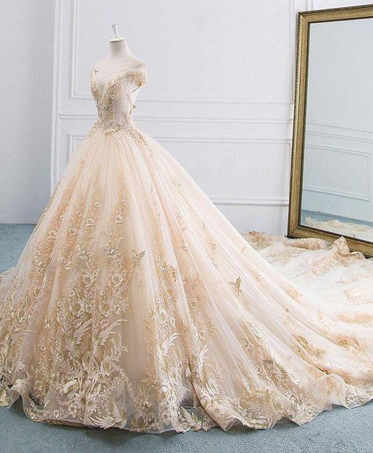 Unique Champagne Tulle Lace Long Wedding Prom Dress , PD2306118