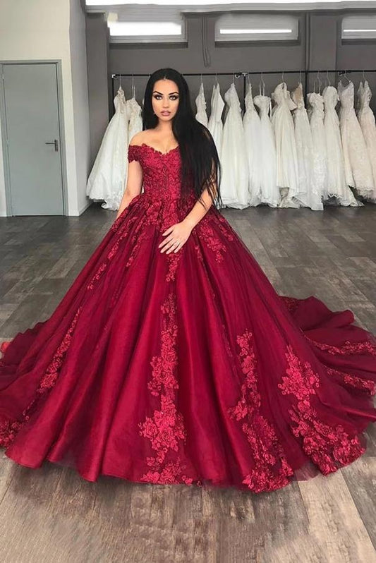 Timeless Romance Off-the-Shoulder Burgundy Long Ball Gown, PD2305144