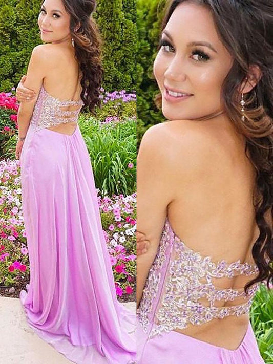 Lilac A-Line Chiffon Sweetheart Backless Prom, PD2305248