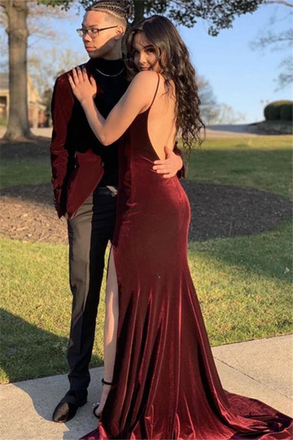 Burgundy Velvet V-Neck Backless Prom Dress, PD2305150