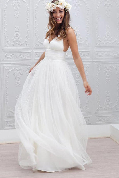 Simple Spaghetti Strap Beach Wedding Dress, WD2305095