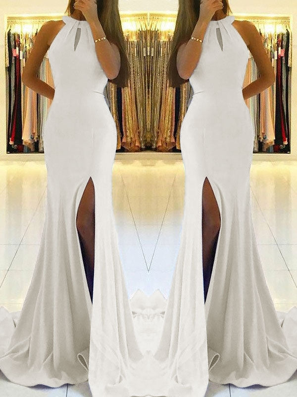 Backless White Sheath Prom Dress with Side Slit and Lace-Up Back, PD2305201