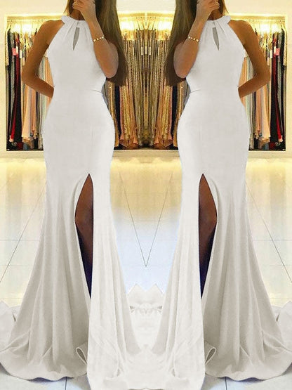 Backless White Sheath Prom Dress with Side Slit and Lace-Up Back, PD2305201