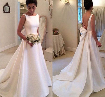 Sleeveless Deep V-Back Wedding Dress with Boat Neck and Sweep Train, WD2306124