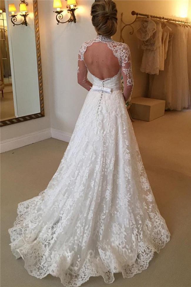 Open Back A-line Wedding Dress with High Neckline and Long Sleeves, WD2305045