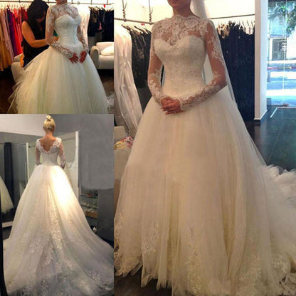 V-Back Lace Tulle A-line Wedding Dress with Long Sleeves, WD2305097