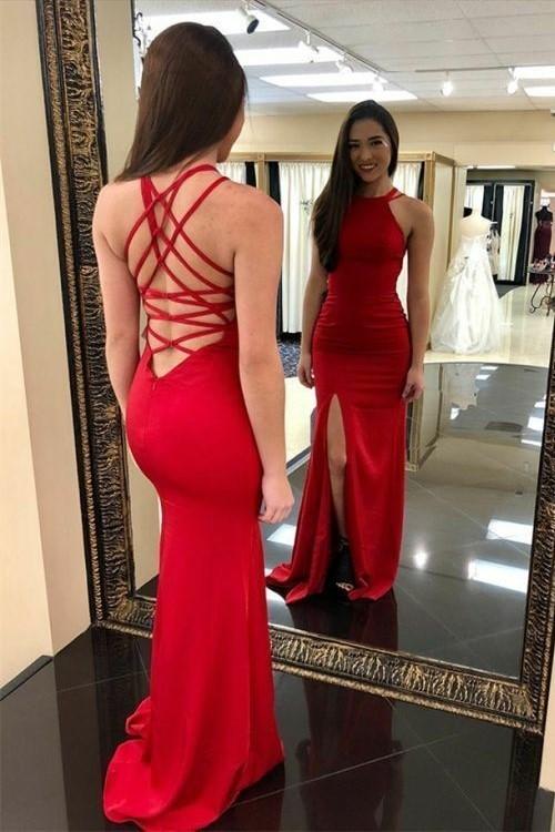 Chic Red Criss Cross Side Slit Sheath Prom Dress, PD2305181