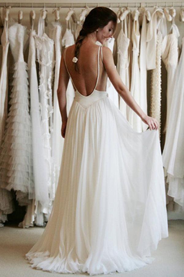 Simple Chiffon with Spaghetti Straps and Backless Lace Wedding Dress, WD2305205