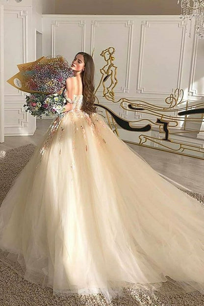 Gorgeous Off-the-Shoulder Champagne Lace Floral Prom Dress, PD2306115