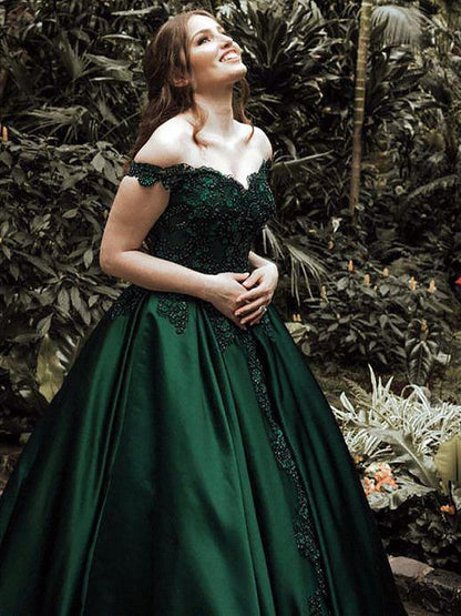 Classic Satin Dark Green Off-the-Shoulder Sweetheart Ball Gown Prom Dress, PD2308092