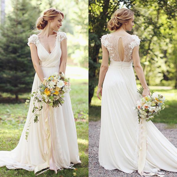 Short Sleeve Wedding Dress with Deep V-Neck and Sheer Back, WD2306123