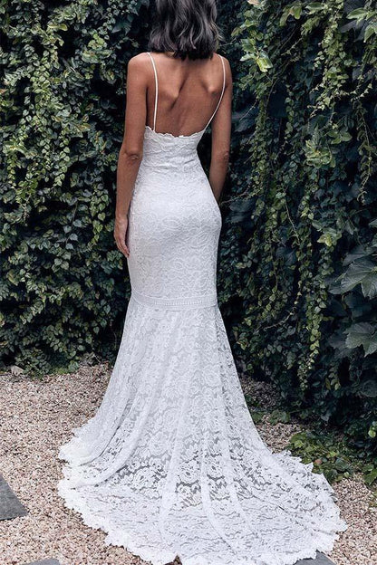 Lace Mermaid Wedding Dress with V-neck, Spaghetti Straps, and Sweep Train, WD2401315