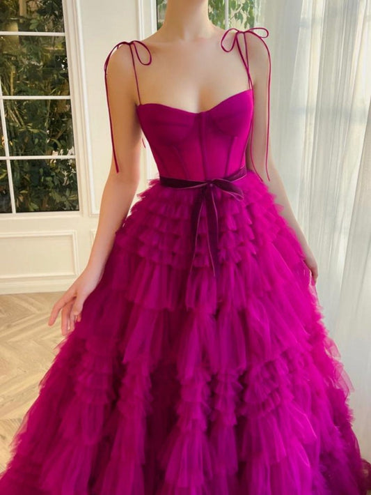 Sweetheart A Line Fuchsia Tiered Tulle Prom Dresses