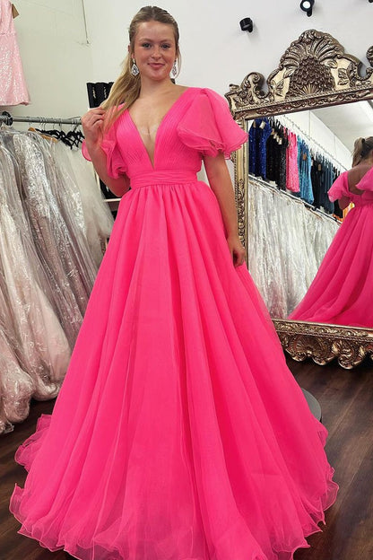 V Neck Pink Ball Gown Tulle Long Prom Dresses with Ruffled Sleeves