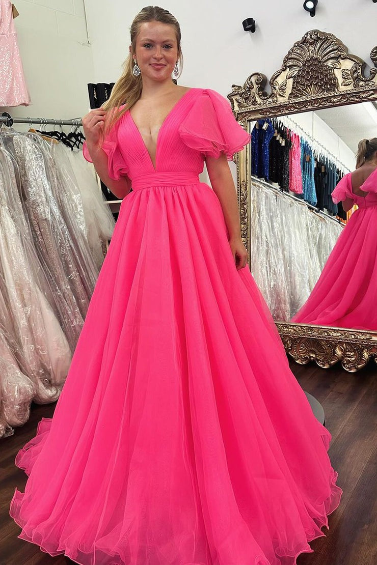 V Neck Pink Ball Gown Tulle Long Prom Dresses with Ruffled Sleeves, PD25069