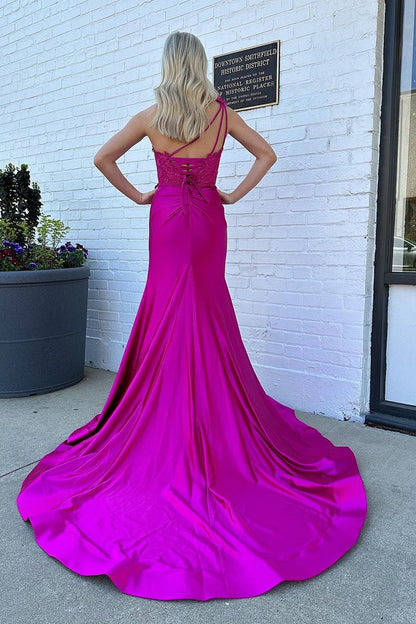 Satin One Shoulder Mermaid Long Prom Dress with Appliques