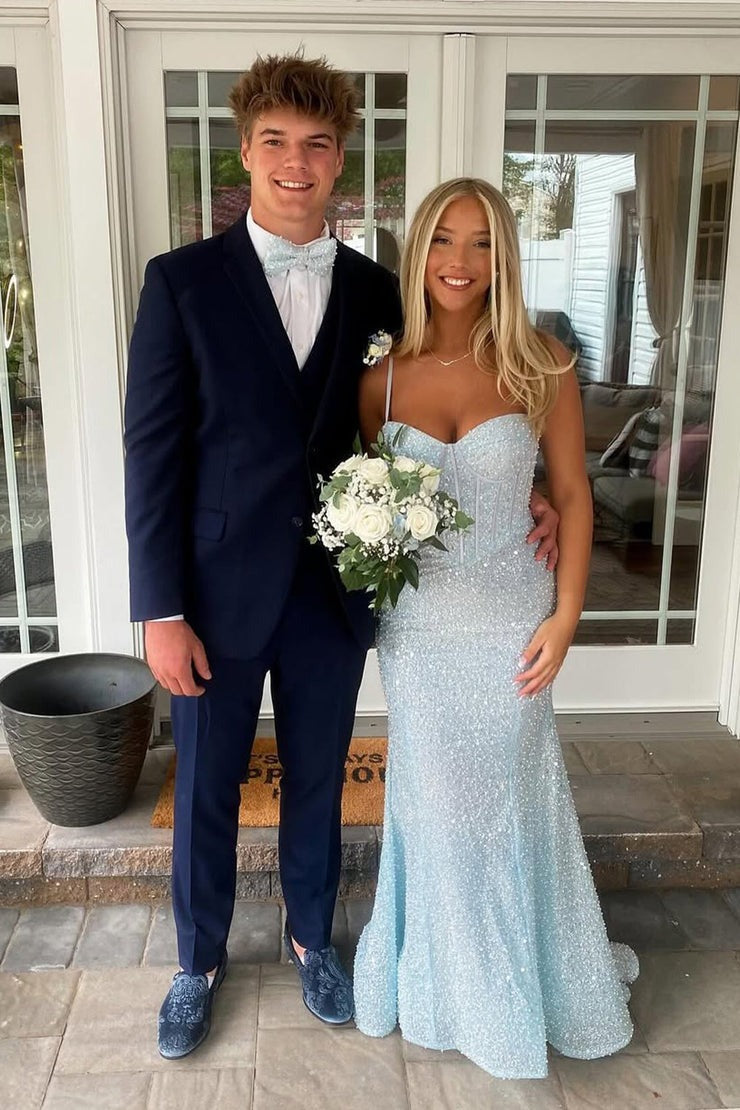 Light Sky Blue Sequins Mermaid Straps Prom Dress, PD25331