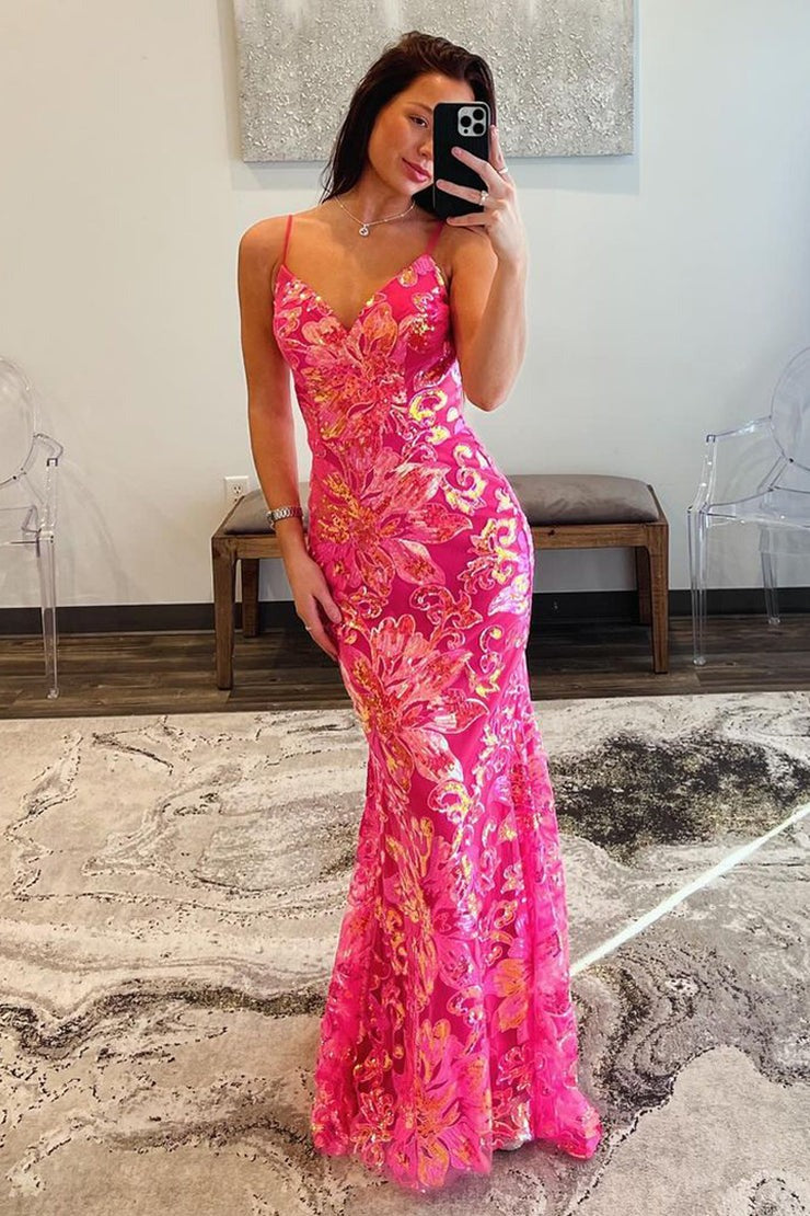 Pink V Neck Sequins Mermaid Long Prom Dress