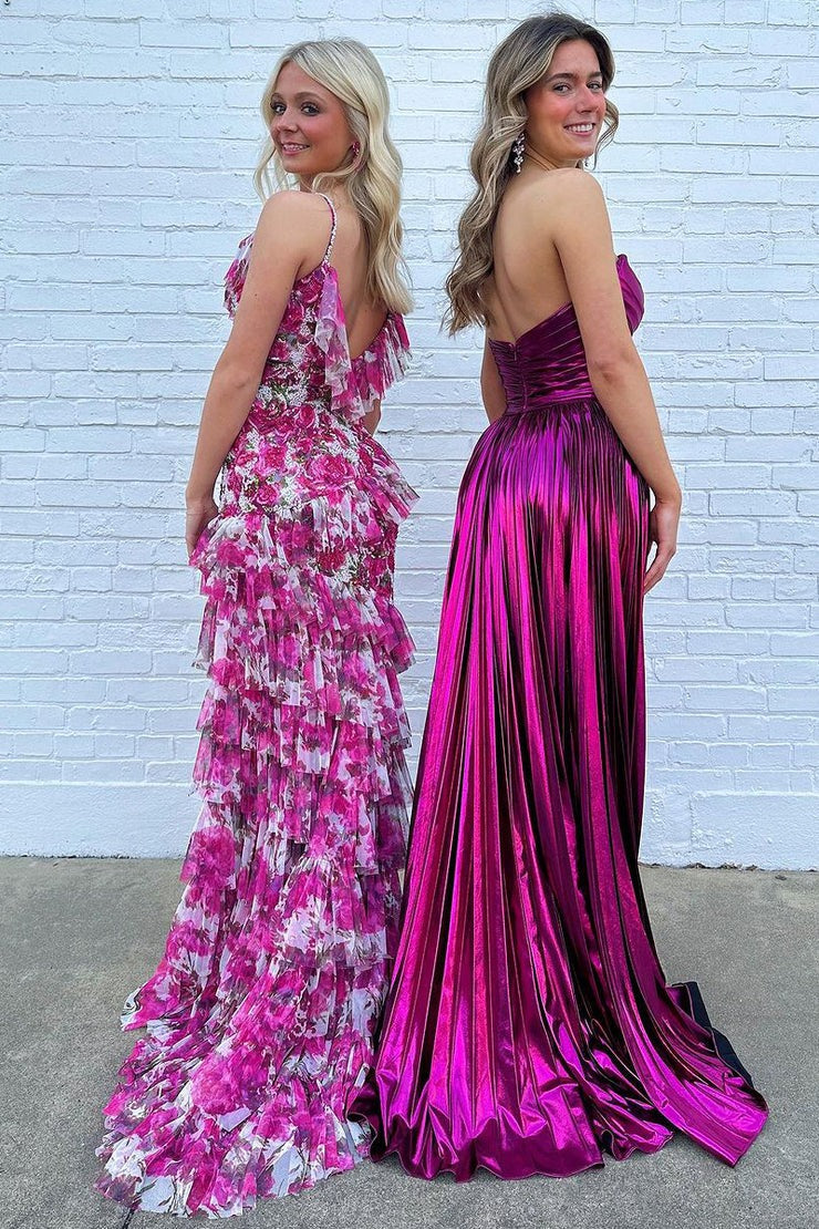 Floral Printed Pink Ruffle Mermaid Long Prom Dresses