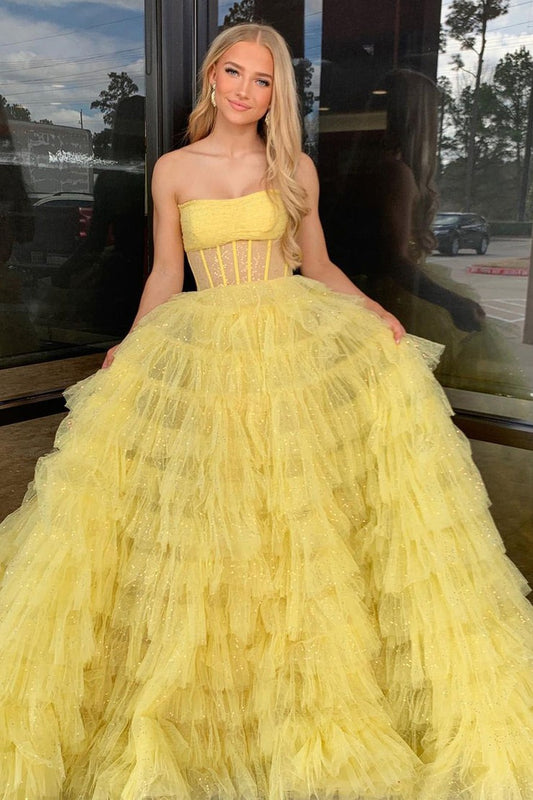 A-Line Yellow Strapless Ruffle Tiered Long Prom Dresses